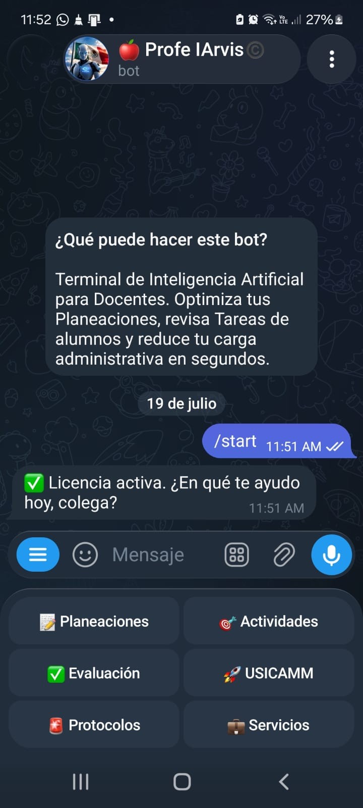 Interfaz del Bot Profe IArvis en el celular
